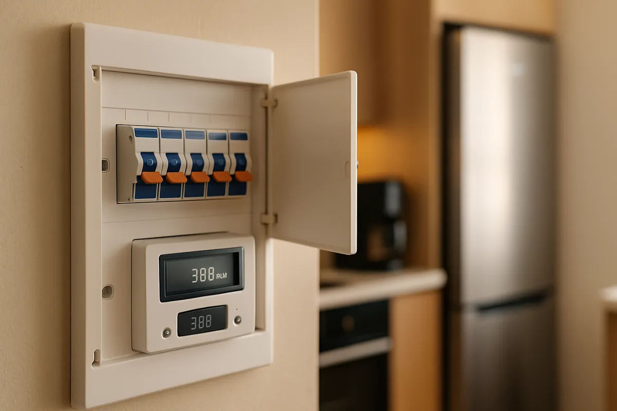 Cuadro eléctrico de vivienda y medidor de consumo de potencia
