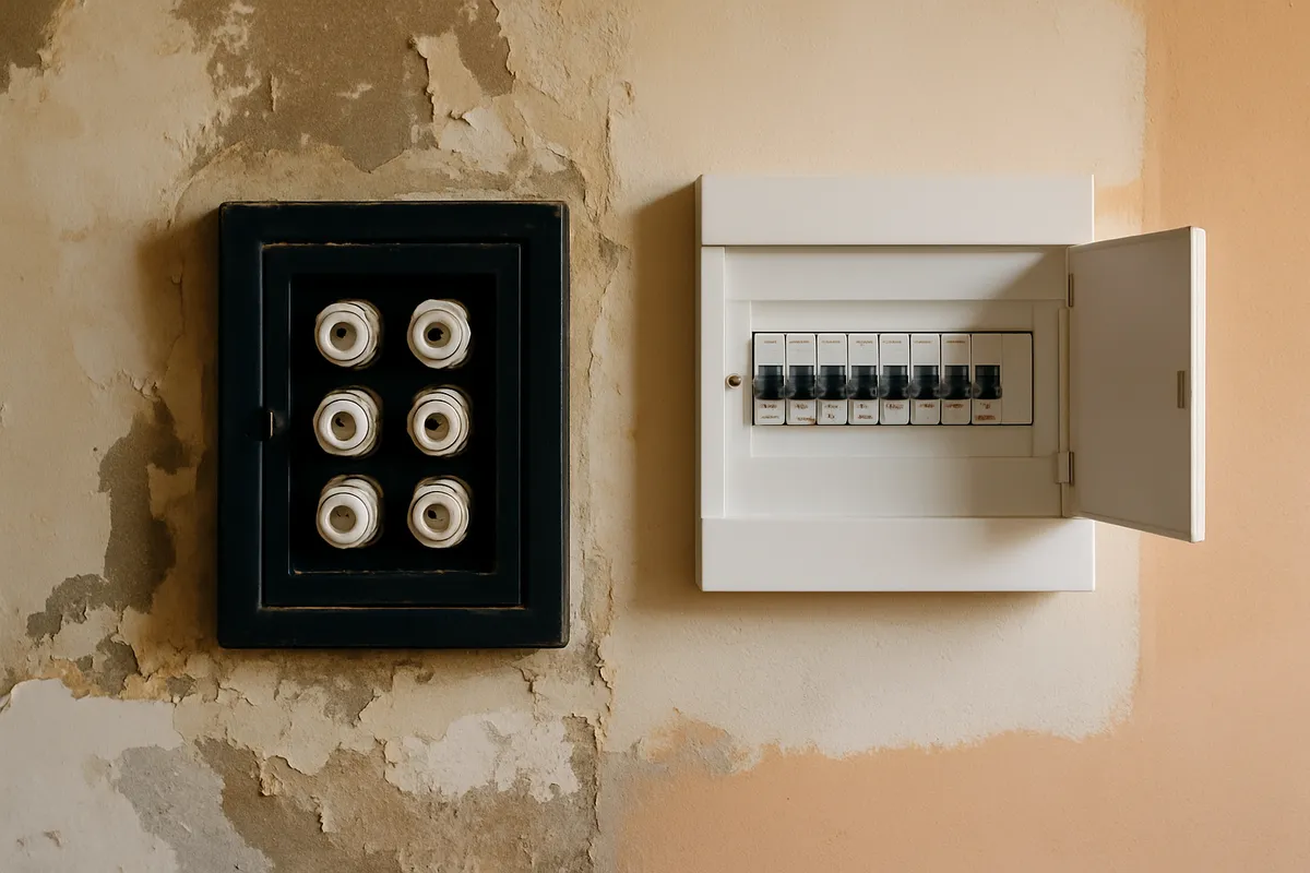 Cuadro eléctrico antiguo con fusibles junto a uno moderno