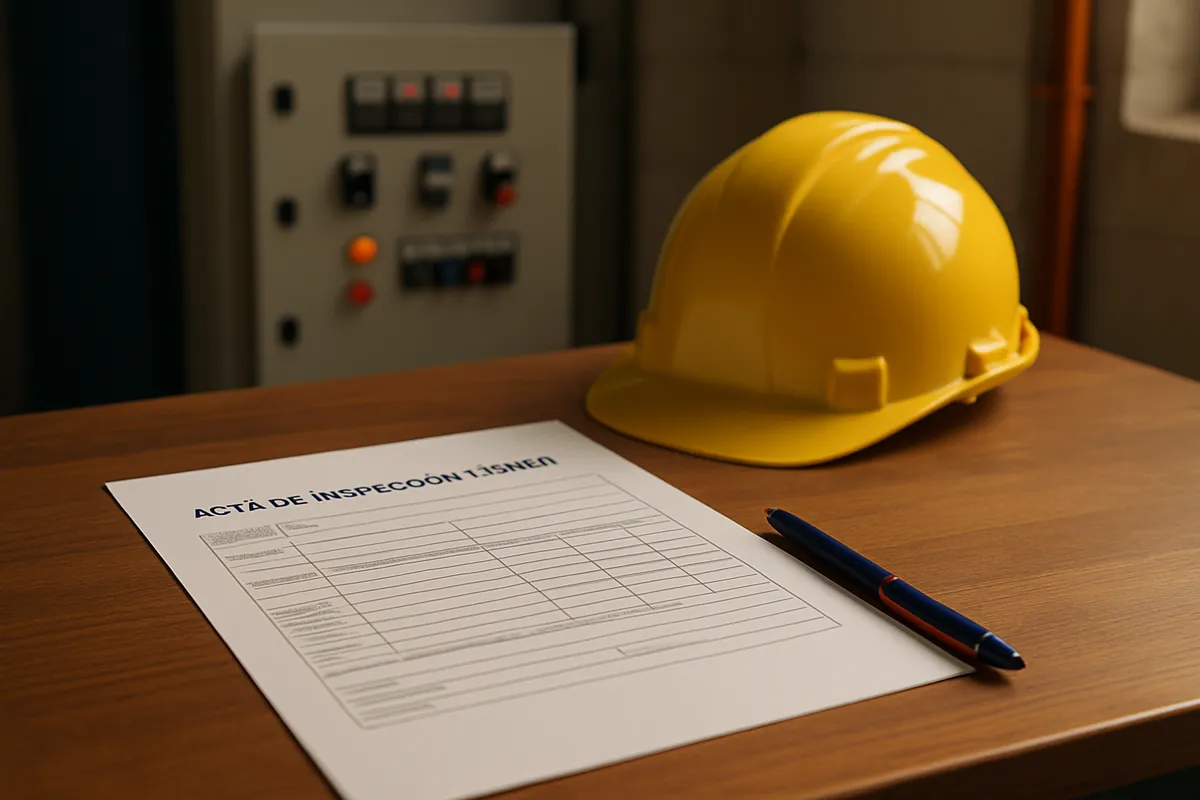Acta de inspección OCA sobre una mesa junto a un casco de obra