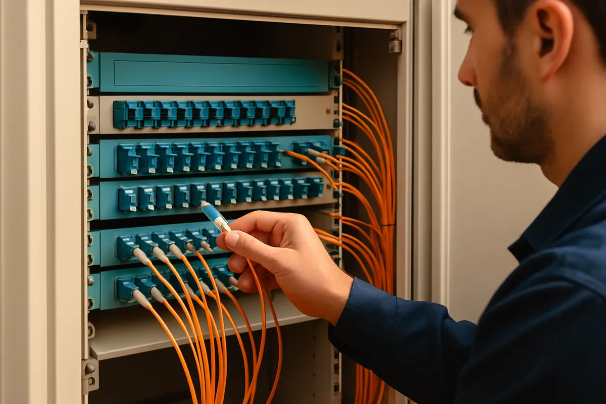 Recinto de telecomunicaciones de un edificio con fibra óptica