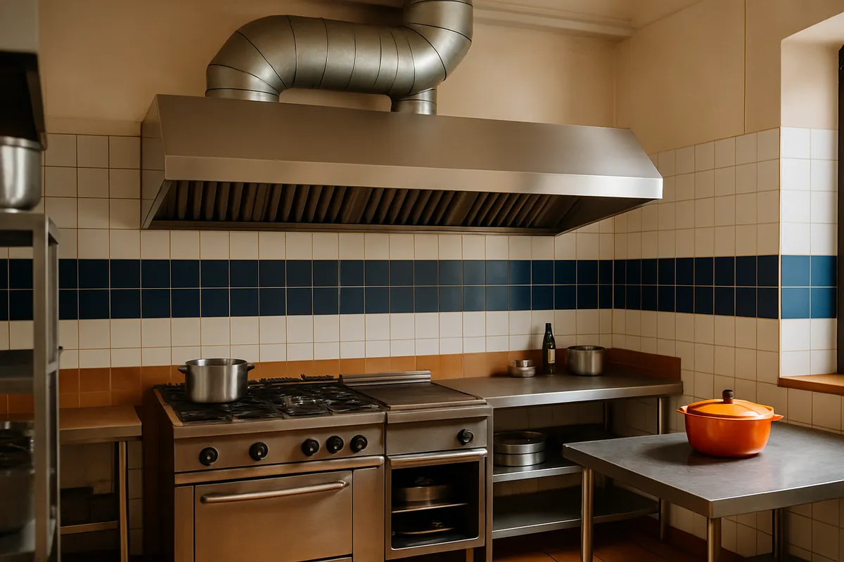 Campana extractora profesional en cocina de restaurante
