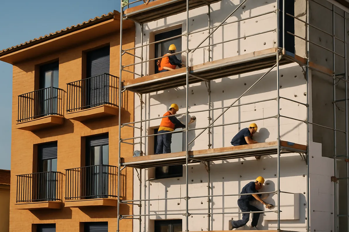 Edificio residencial en rehabilitación energética con aislamiento de fachada